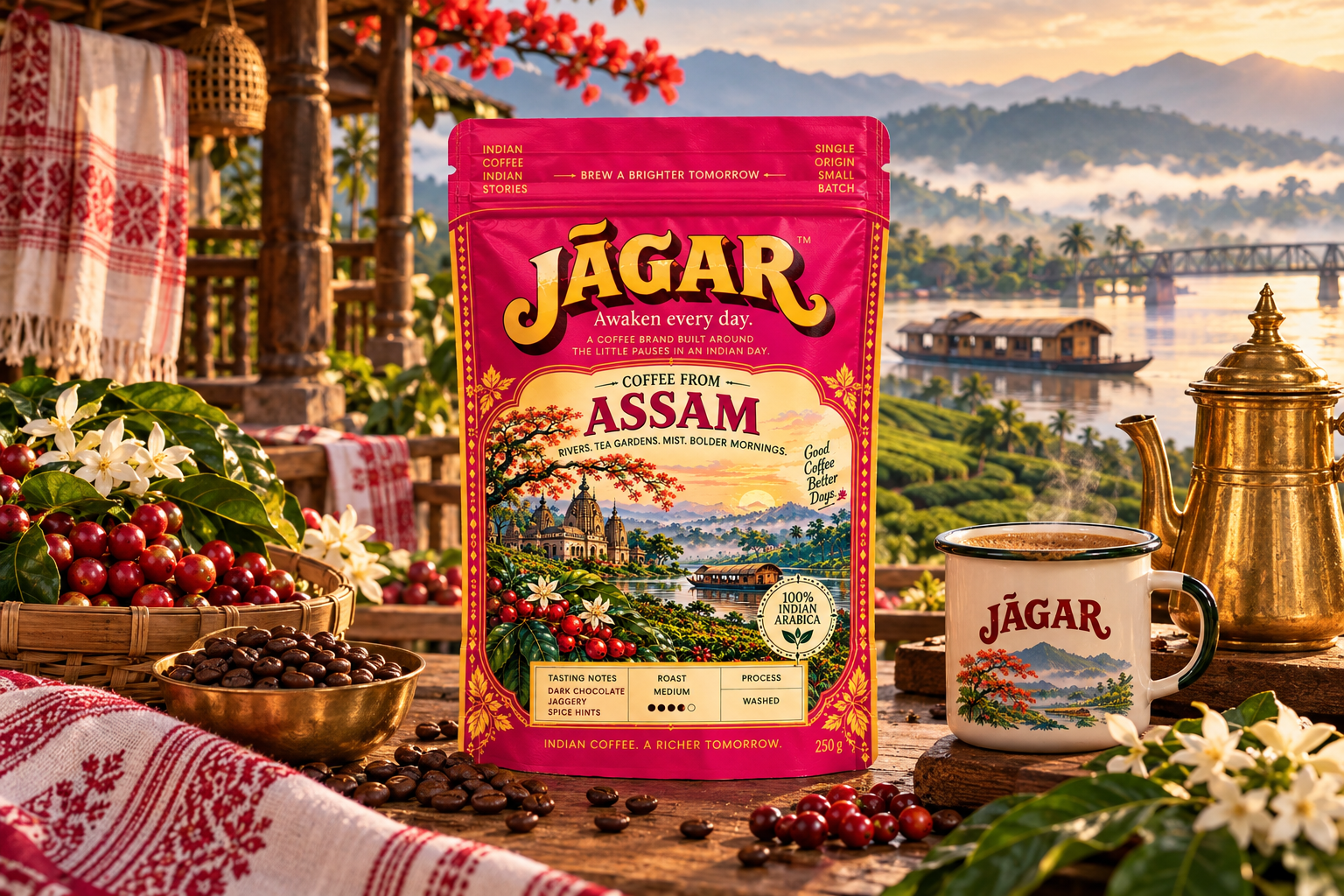 Assam coffee beside a misty North-East landscape