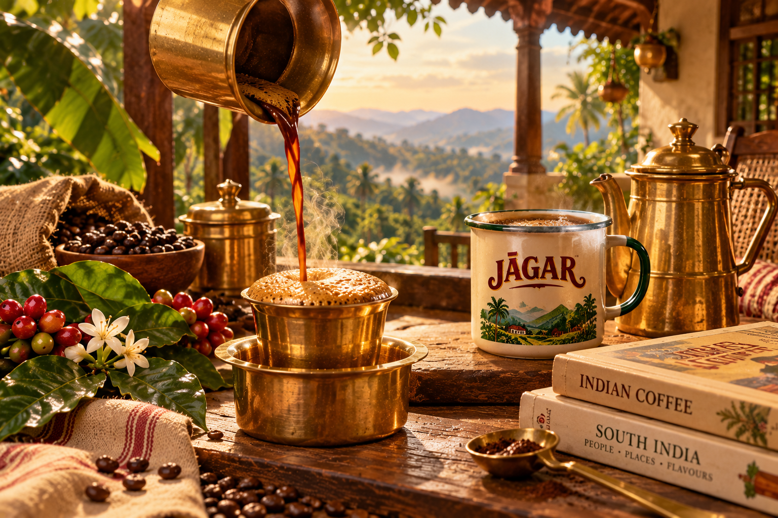 Filter coffee being poured beside a JĀGAR enamel mug and books