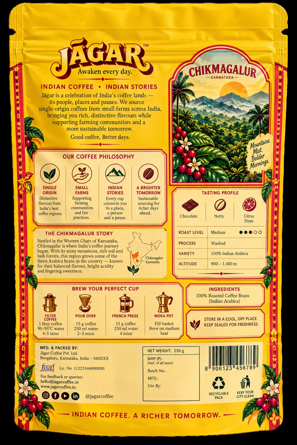 Back of the JĀGAR Chikmagalur pouch with origin and brewing details
