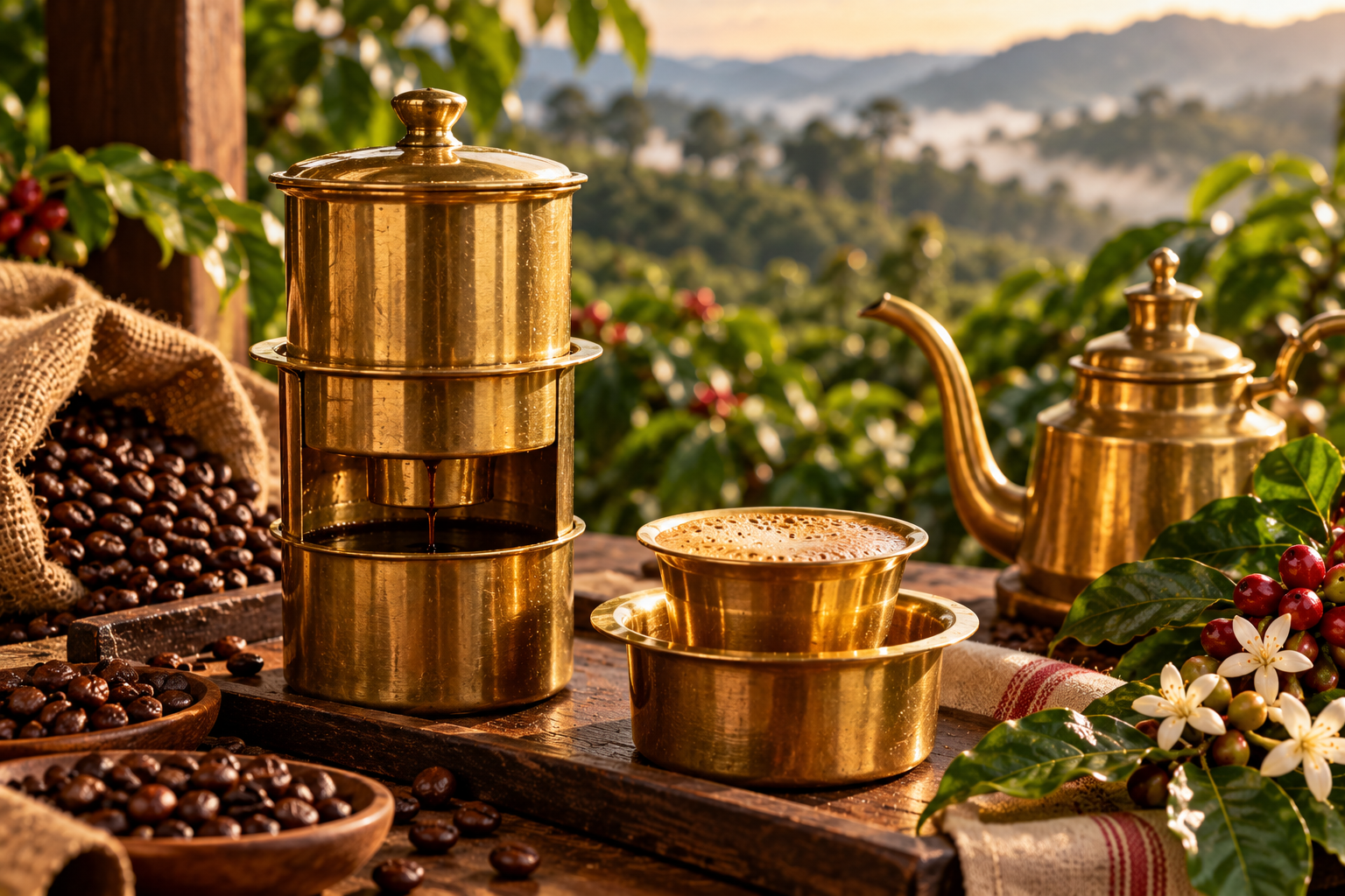 Traditional brass filter coffee ritual