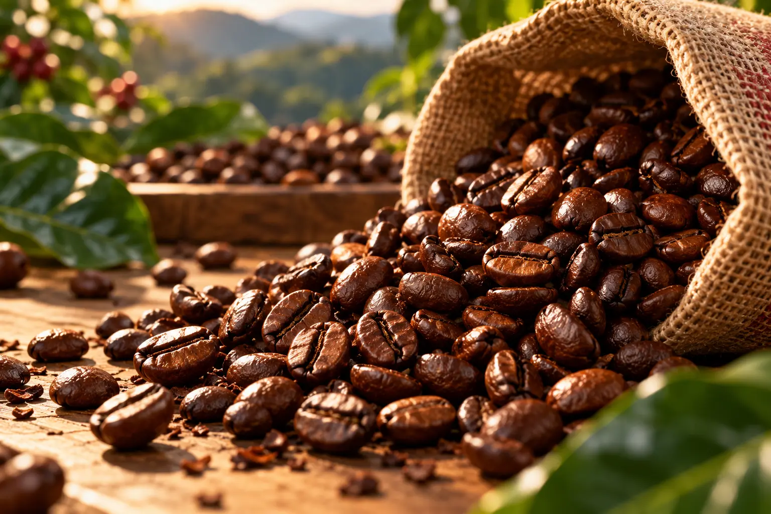 Freshly roasted coffee beans spilling from a jute sack