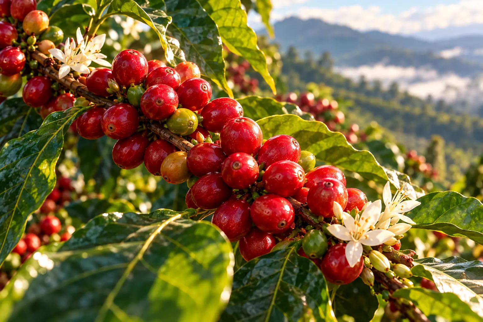 Ripe coffee cherries and white flowers