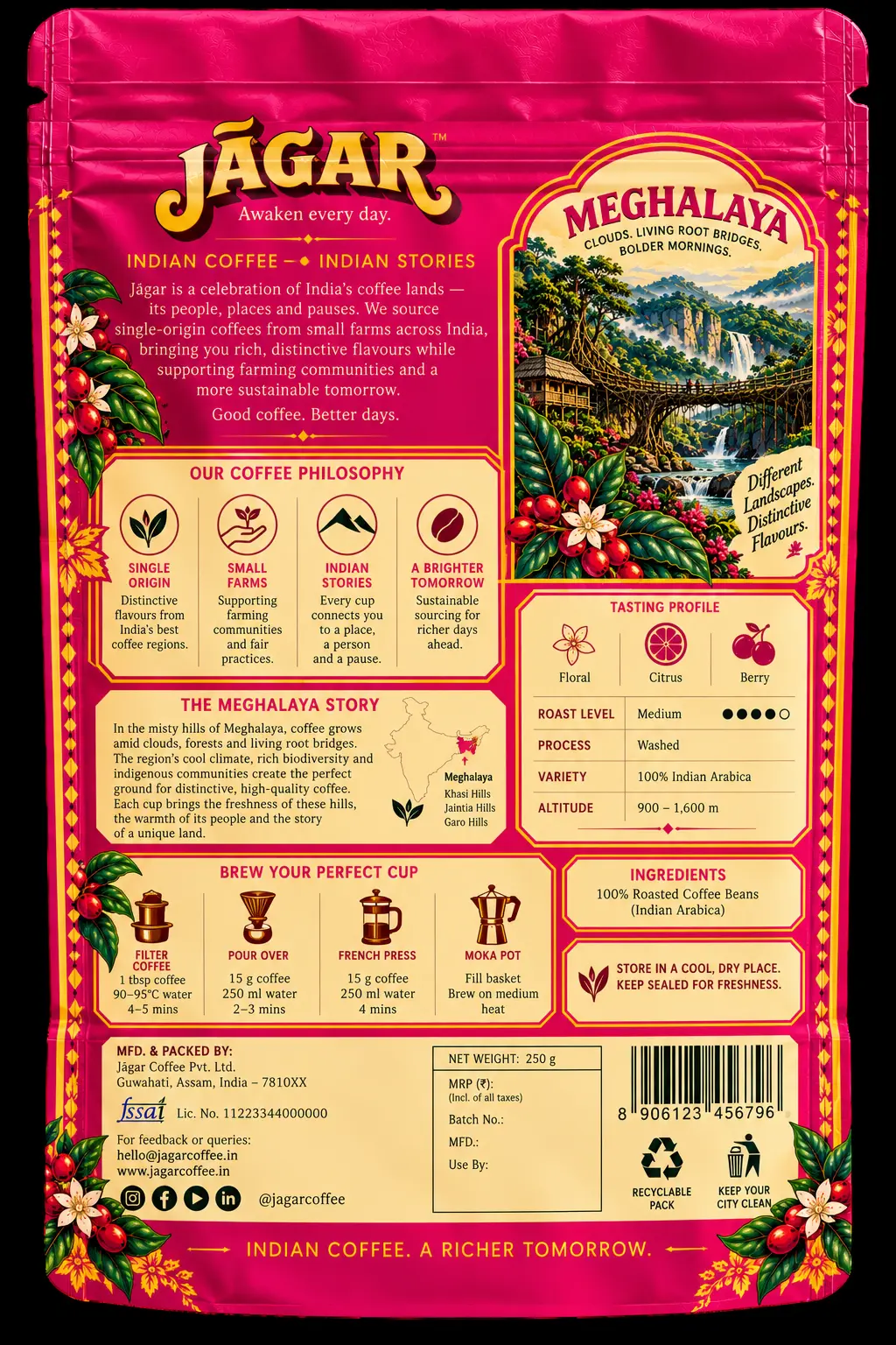 Back of the JĀGAR Meghalaya pouch with origin and brewing details
