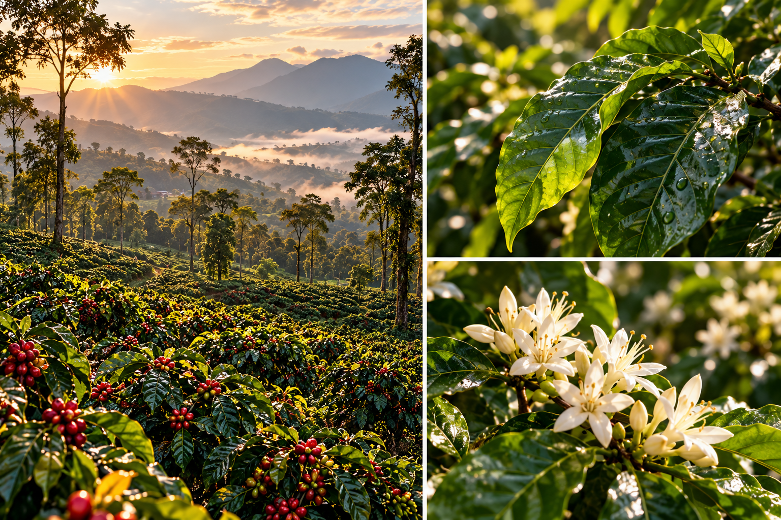Indian coffee landscapes, rain-washed leaves and coffee flowers encountered along the journey