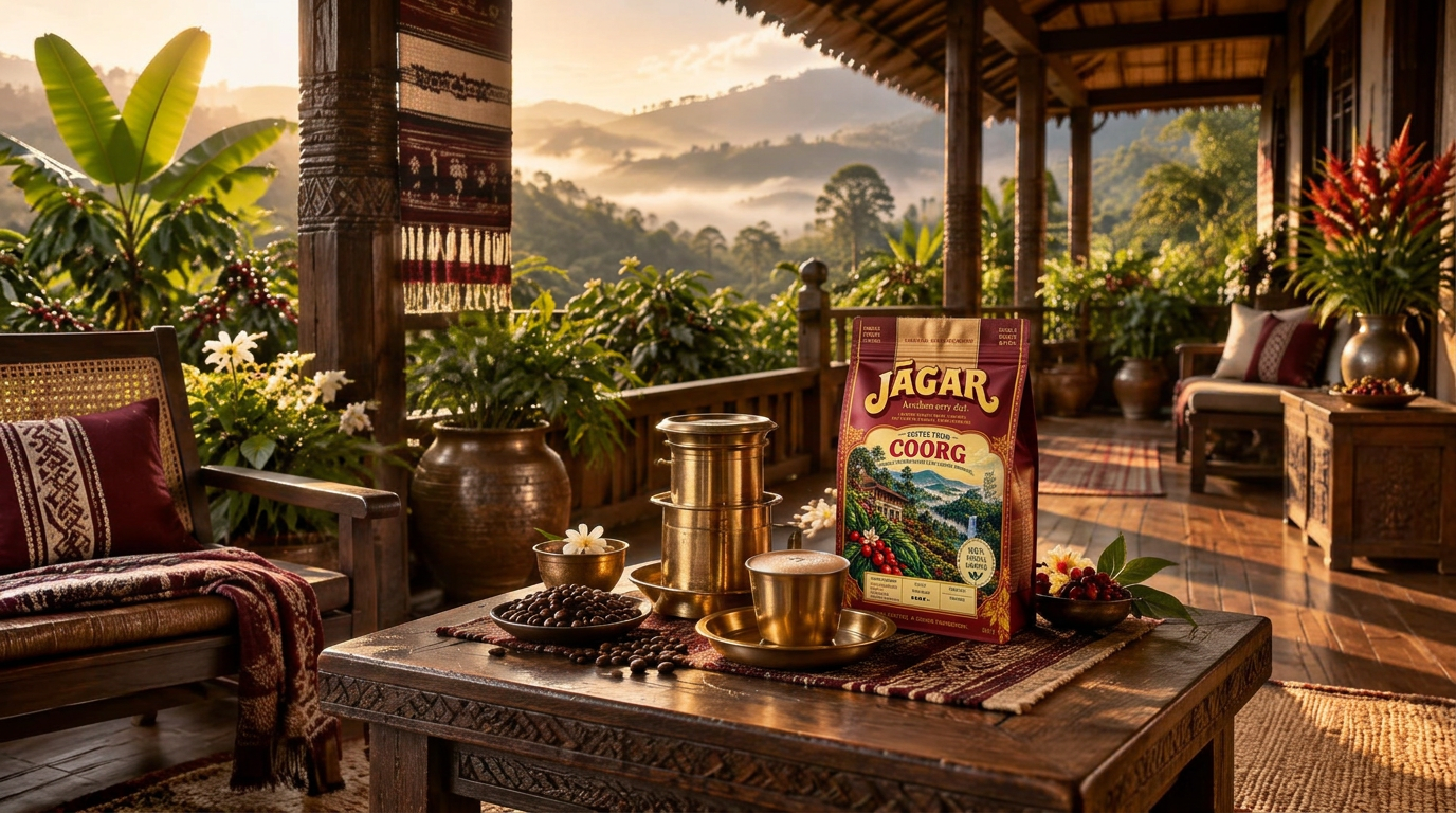 A fusion verandah bringing together North-East textiles, South Indian brass coffee equipment and an Indian coffee ritual